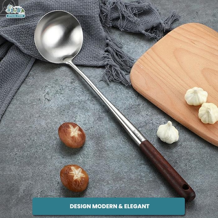 Sinda Spatula Stainless Steel paket 3pcs Nr-2029 Gagang Kayu Panjang Tahan Panas untuk Memasak &