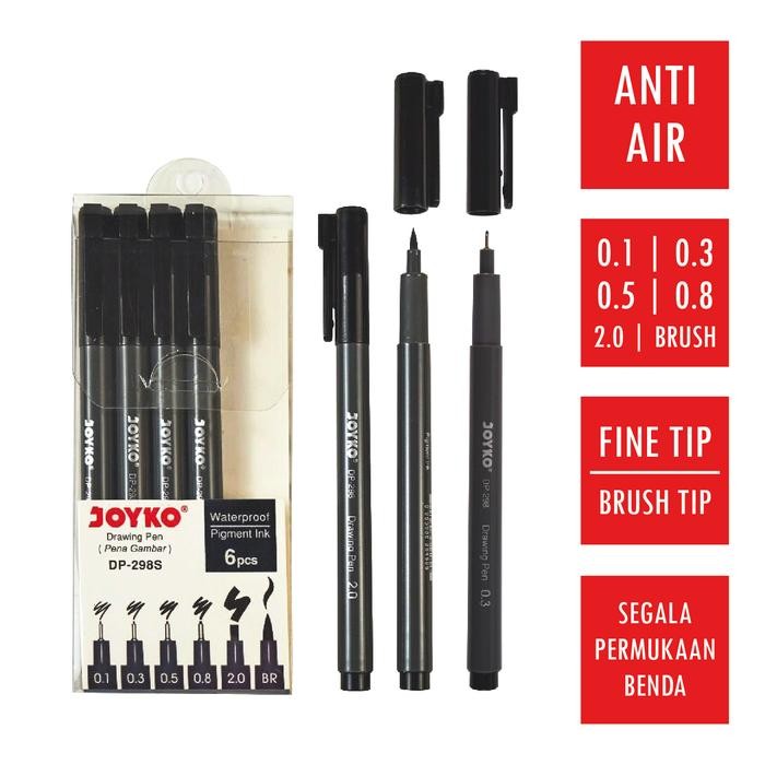 

SARI (6 Pcs) Paket Drawing Pen & Kuas Permanent Joyko Dp-298S Hitam Black Brush 0.1, 0.3,