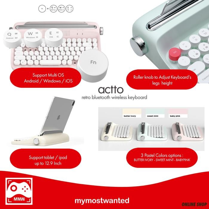 ACTTO KEYBOARD BLUETOOTH WIRELESS KEYBOARD RETRO TYPEWRITER MINT