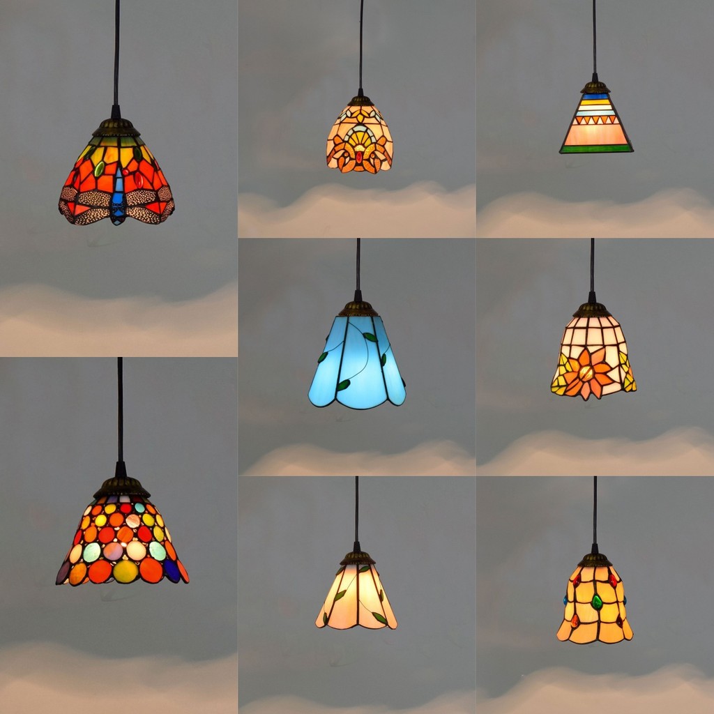 Lampu Bohemia Gaya Mediterania Warna-warni, Kap Lampu Kaca Patri, Lampu Gantung Mosaik untuk ruang m