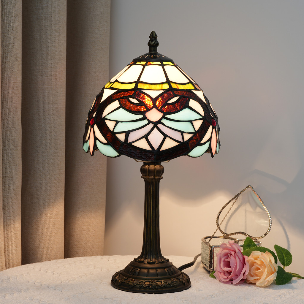 Lampu Meja 8 Inci Gaya Barok Kap Lampu Kaca Patri Lampu Meja Vintage Lampu Samping Tempat Tidur Keci