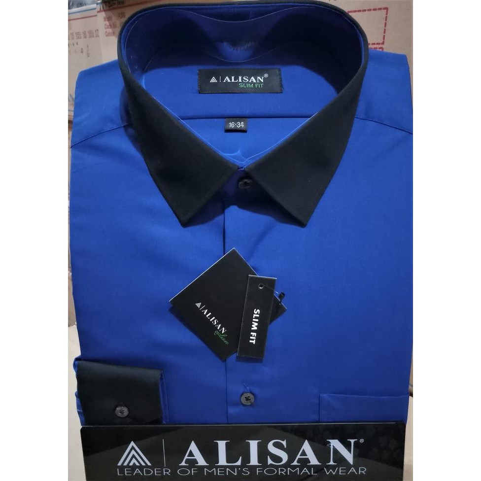 Alisan Kemeja Kerah Kombinasi Slim Fit Lengan Panjang //Biru6/