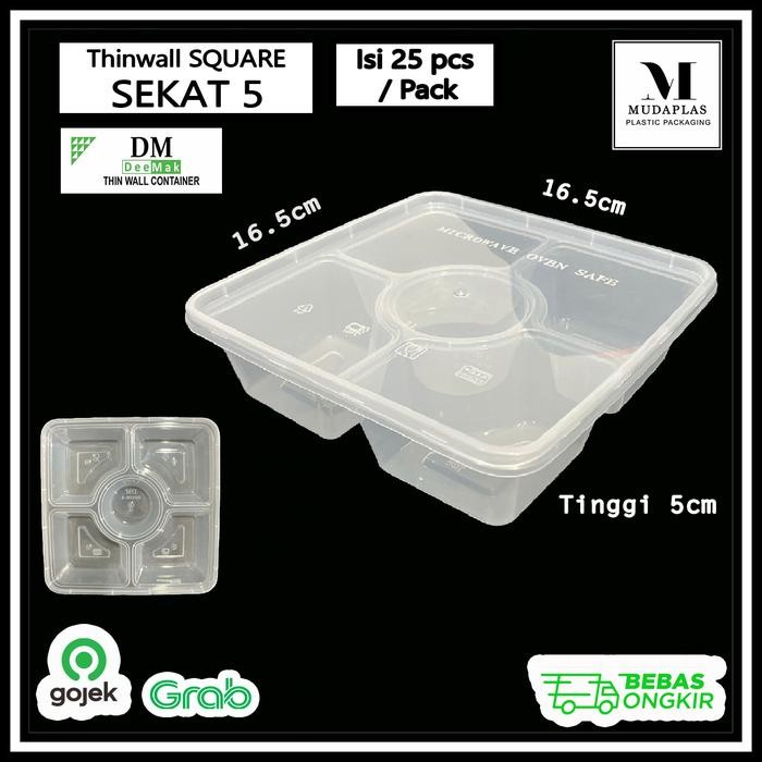 JT Thinwall 1000 ml Sekat 5 Kotak Makan Plastik Sekat Persegi DM