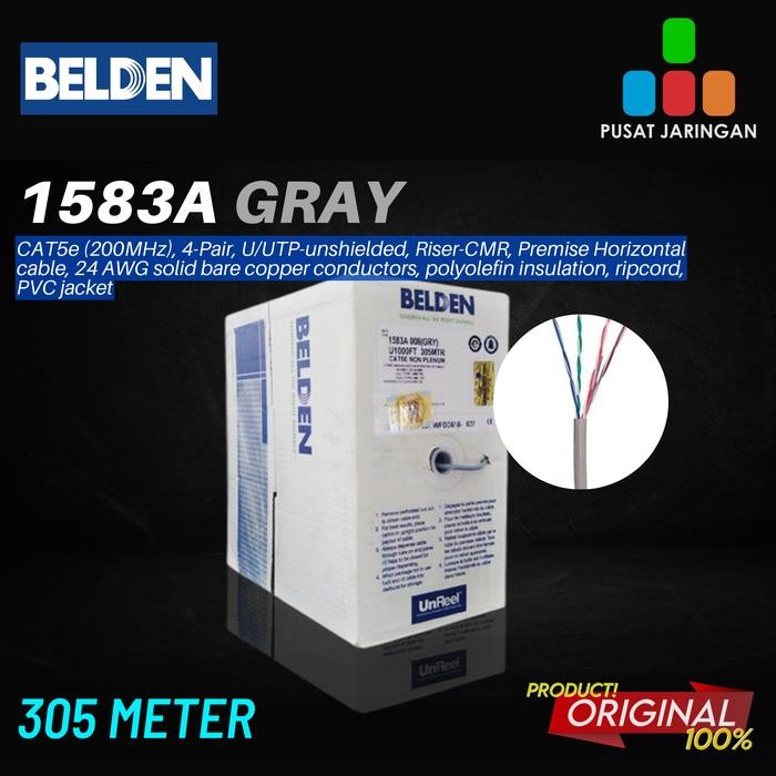Belden Kabel Lan Utp Cat-5E 1583A Original 305M Biru/Grey 24 Awg Solid Bare Copper 4 Pairs