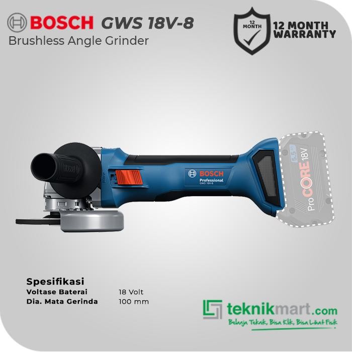 Bosch Brushless Angle Grinder / Gerinda Tangan Baterai 18V 100Mm Gws 18V-8 (Unit Only)