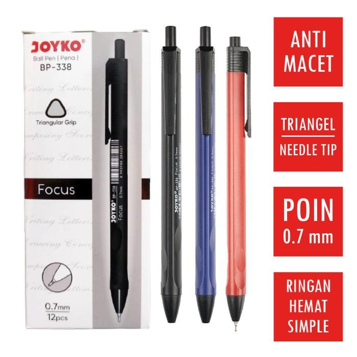 

New (12 Pcs) Pulpen Bolpen Pen Klik JOYKO BP-338 Vocus 0.7 mm Warna Tinta Lengkap Hitam Black / Biru