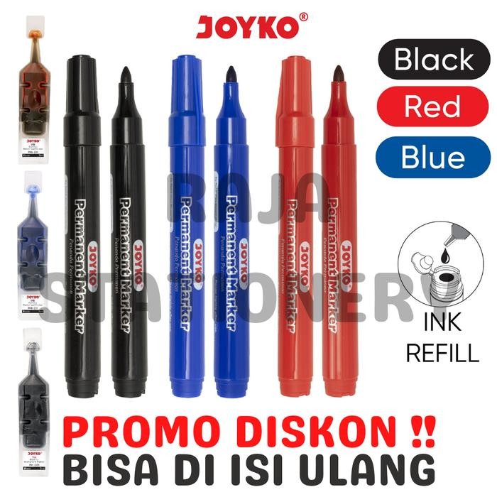 

New JOYKO PERMANENT MARKER BLACK BLUE RED REFILLABLE SPIDOL PERMANEN JOYKO HITAM BIRU MERAH BISA DI