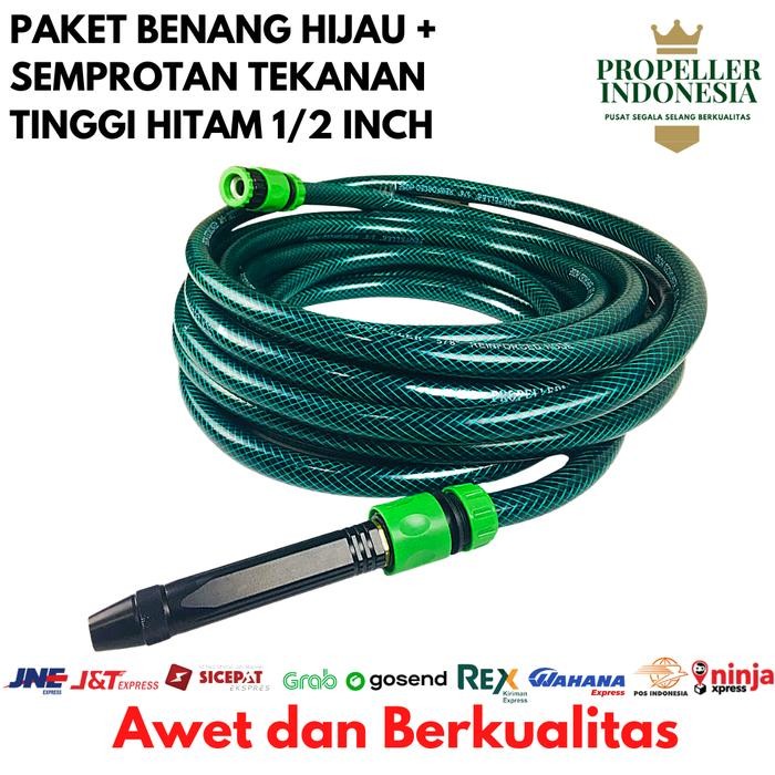 les Selang Air 1/2 Inch Benang Hijau Paket Semprotan Air Cuci Motor Hitam