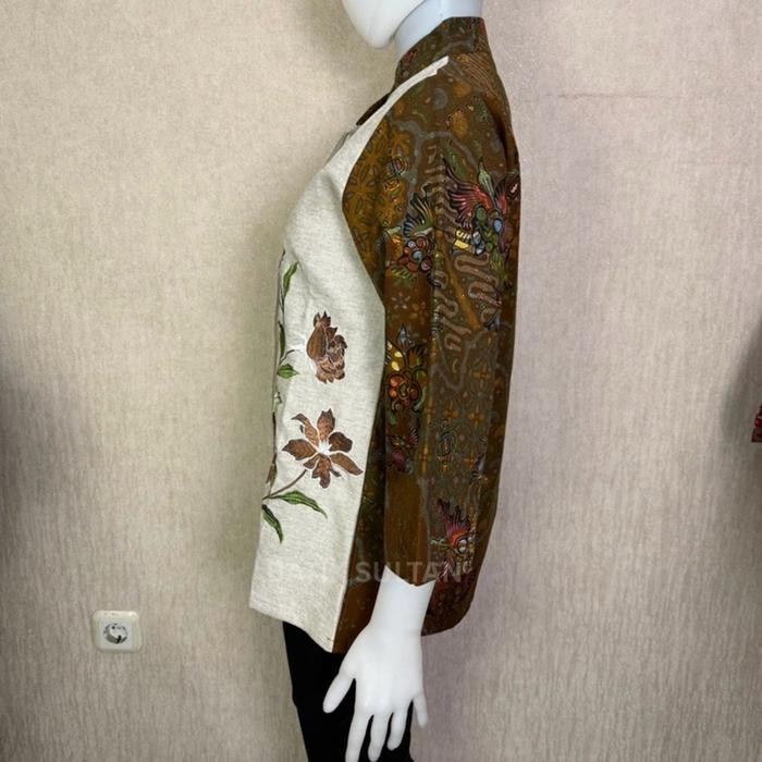 Atasan Blouse Batik Wanita Kain Katun Hand Print Kombinasi Linen Bordir Premium Elegan Lapisan
