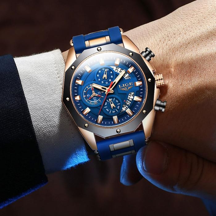 Lige Jam Tangan Pria Original Multi Fungsi Anti Air Kalender Kronograf Watch + Kotak Hadiah