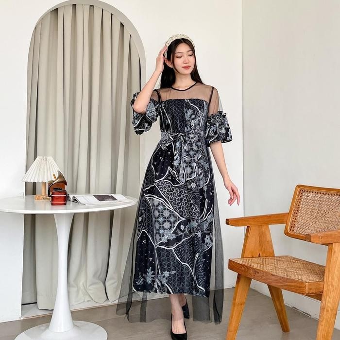 34DD Real Pic Dress Midi Lengan Pendek Shortsleeves Motif Batik Kombinasi Tile Pesta Kondangan