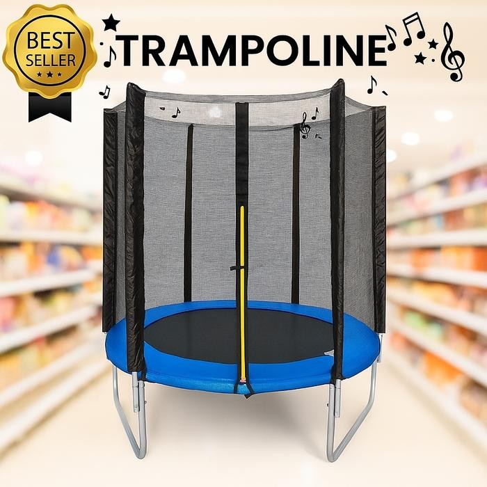 Trampolin Anak Besar Pagar Jaring Diameter 170 Cm Biru Rangka Besi