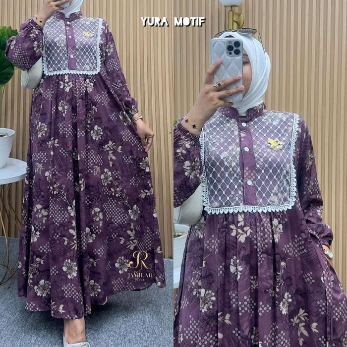 ASLI YURA DRESS MOTIF KOMBINASI BROKAT/ GAMIS MOTIF MIX BRUKAT DI DADA/ GAMIS KATUN RAYON MOTIF