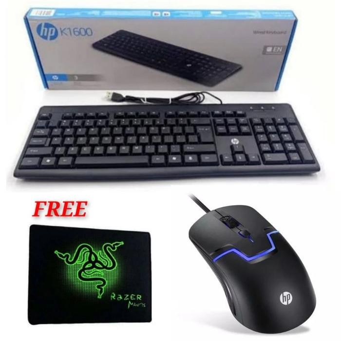 PAKET KEYBOARD USB HP K-1600 + MOUSE GAMING HP M100 + MOUSEPAD 25 X 21