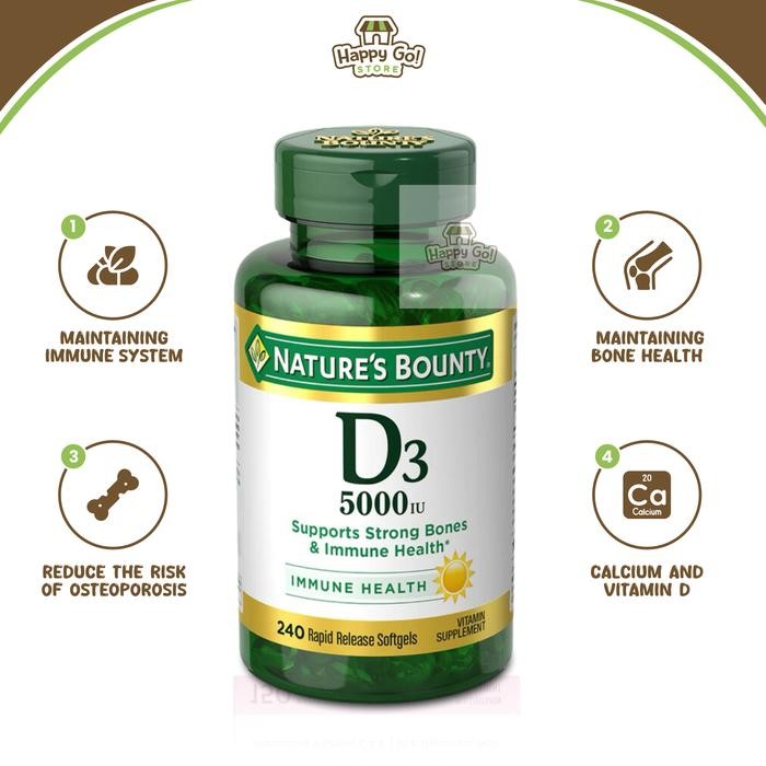 Nature's Bounty Vitamin D3 5000iu Menjaga Imun Tubuh Kesehatan Tulang & Gigi 240 Softgels Original