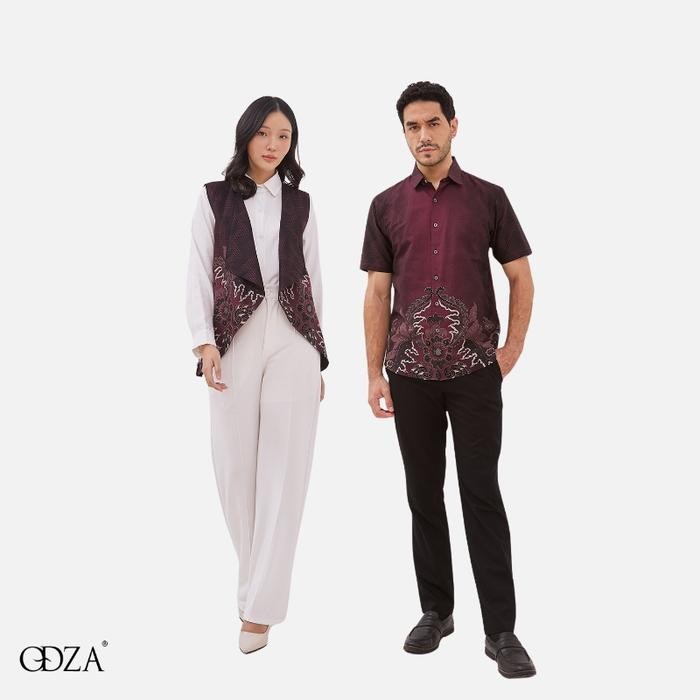 Odza Couple Set Kemeja Batik Lengan Pendek Pria Rompi Wanita Outer Vest Luaran Allsize Merah Maroon