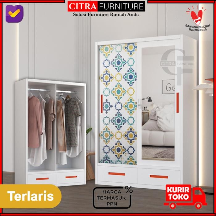 Lemari Pakaian Gamis Besi 2 tu Sliding Jumbo Cermin Lemari Baju Besi Full Gantungan