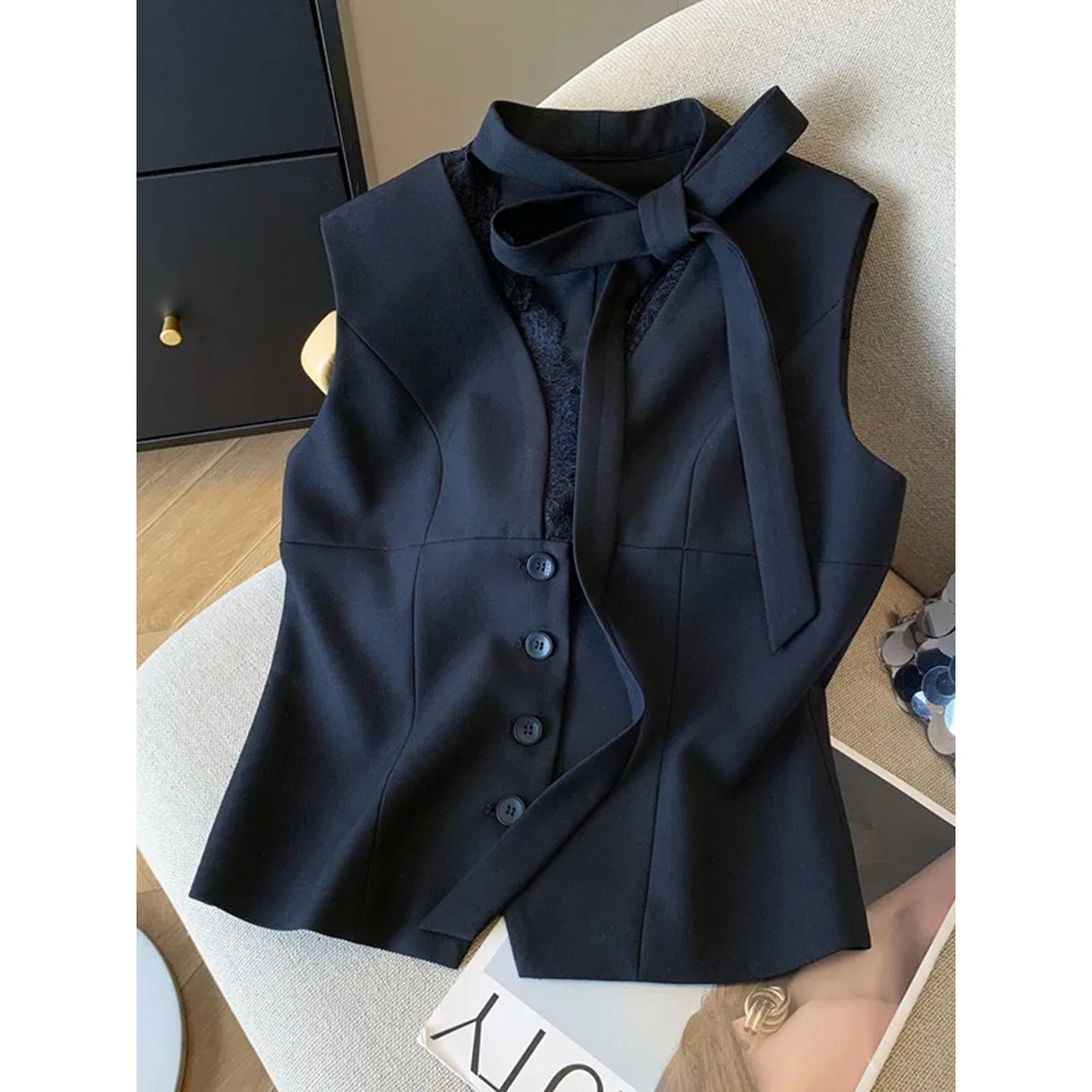 Sexy Sleeveless Vest Women Korean Lace Pat work Crop Tops 2000S Aesthetic Office Lady Cardigan Top