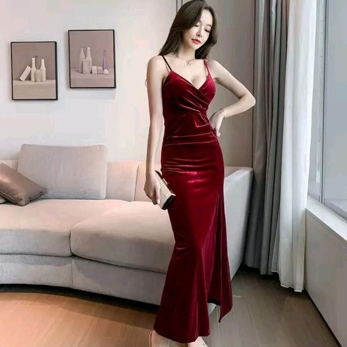 2686 GAUN LONGDRES SEXSY VELVET BLUDRU VNeck Formal Panjang Pea