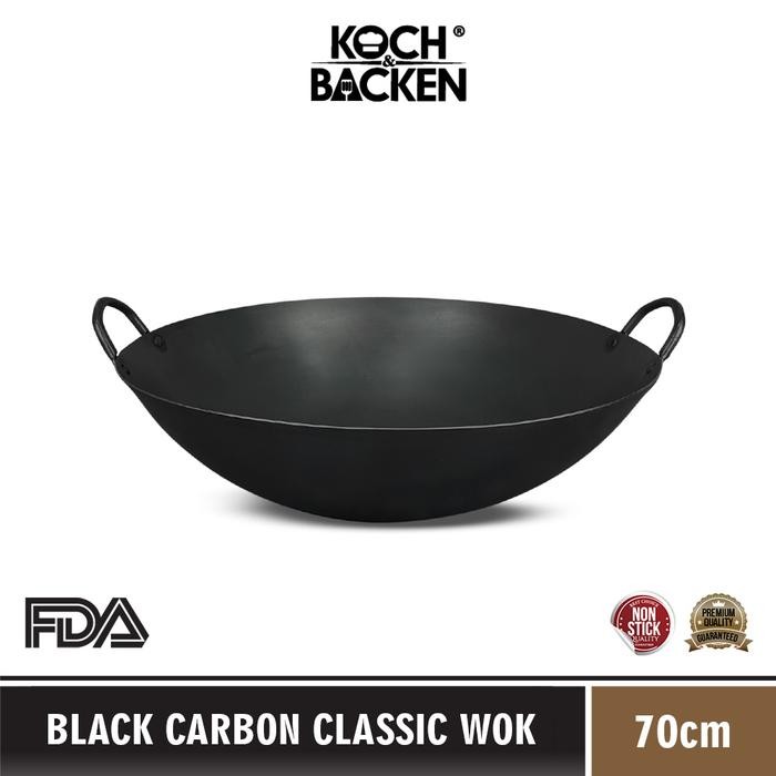 PREMIUM KOCH&BACKEN Black Carbon Steel Classic Wok Round Bottom 70cm - Wajan Penggorengan Kuali Baja