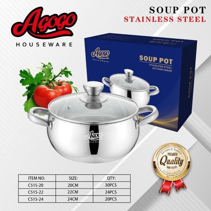 PREMIUM Panci Soup Pot Agogo Stainless Tutup Kaca