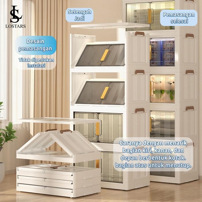 Lostars Rak Buku Minimalis/Rak Estetik Lipat/Lemari Plastik Lipat Tanpa Dirakit/Lemari Plastik Kokoh