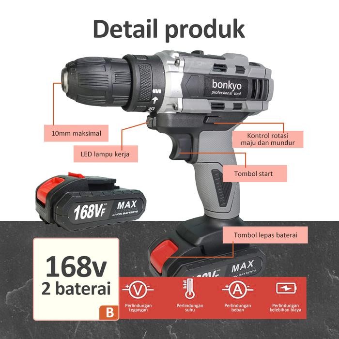 Bor Cordless Bor Baterai Mesin Bor Baterai Bonkyo 98Vf Bor Bonkyo168Vf