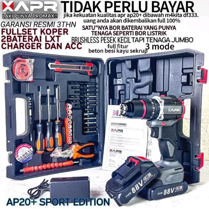 (Cod) Apr Ap20+ Mesin Bor Baterai 88V Apr Bor Beton Kayu Besi Fullset Lengkap Impact Drill 13Mm Apr