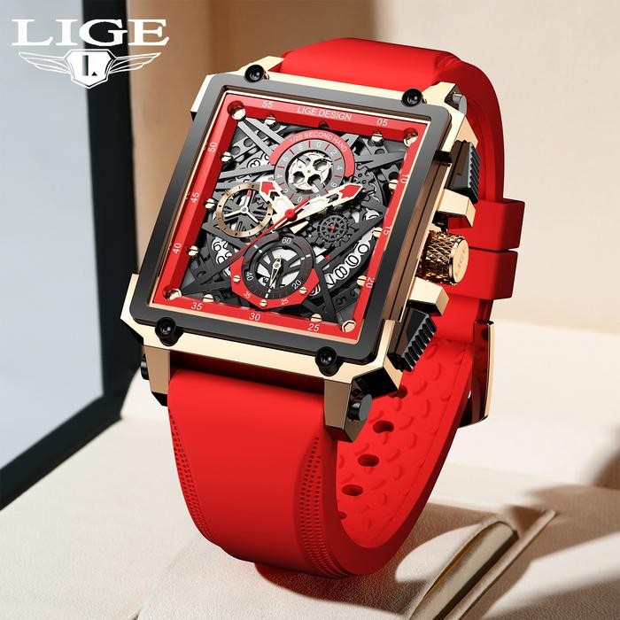 LIGE Jam Tangan Pria Skeleton Square Ber Mewah Jam Tangan Kuarsa Pria Tahan Air Tanggal Otomatis