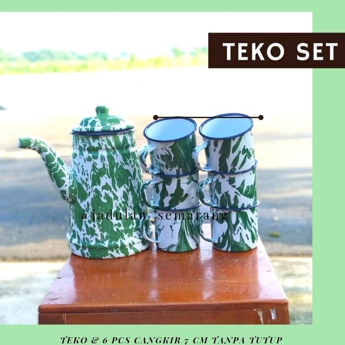 Set Teko Besar + 6 Mug Lurik 7Cm Enamel Blirik Vintage Gelas Jadul Blek Seng