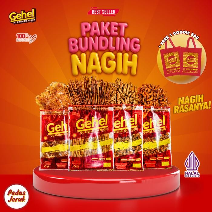 

(FREE 1 Tas) GEHEL PAKET BUNDLING NAGIH - Cemilan Mie Lidi, Kripca, Basreng, Makaroni Rasa Pedas