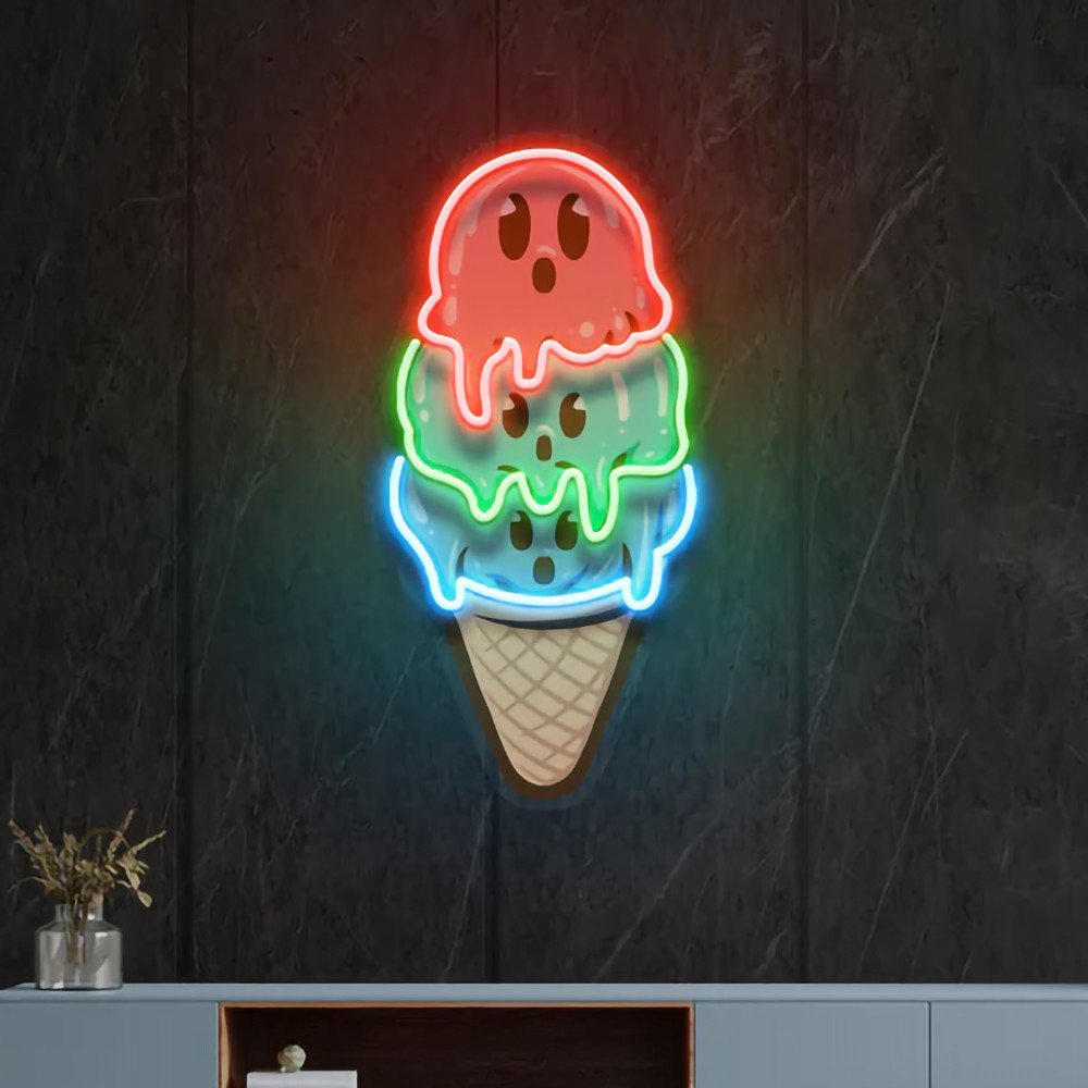 Ice Cream Neon Sign Ice Cream Cone Cartoon Uv Print Neon Pop Art Ice Cream Shop Decor Home Wall