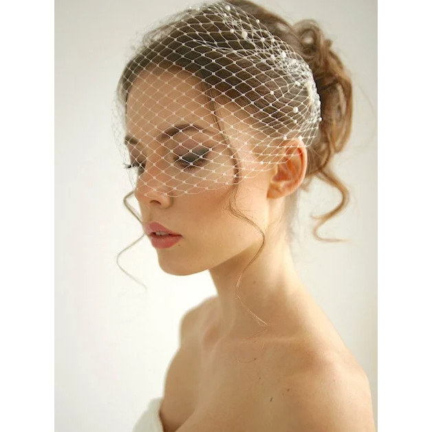 Bridal Birdcage Veil, Freshwater Pearl Church Short Veil, Bridal Hair Jewelry, Wedding Hair