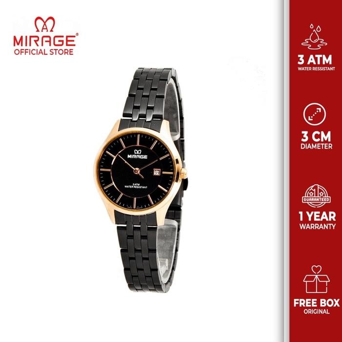 Mirage Watch - Jam Tangan Wanita Elegant Mirage Hitam Rosegold Resmi 8544L Anti Air Kaca Stainless
