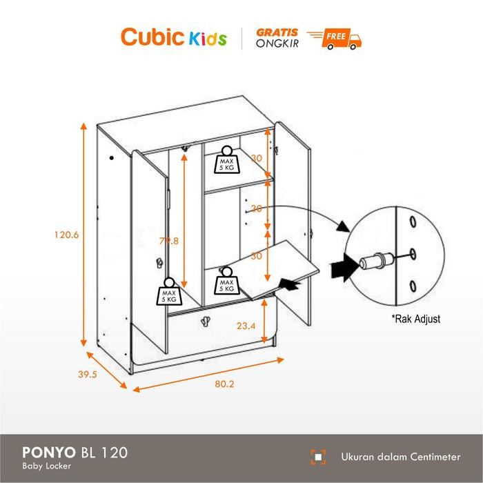 GEMPY.ID CUBIC KIDS WARDROBE ANAK / LEMARI ANAK 3 SUSUN / PONYO BL 120