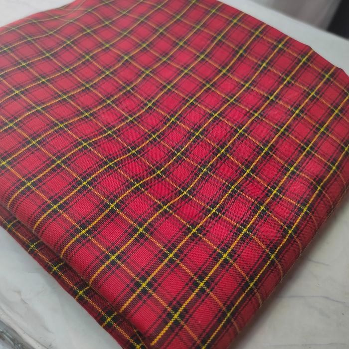bahan kain seragam kotak merah garis kuning yard gulungan