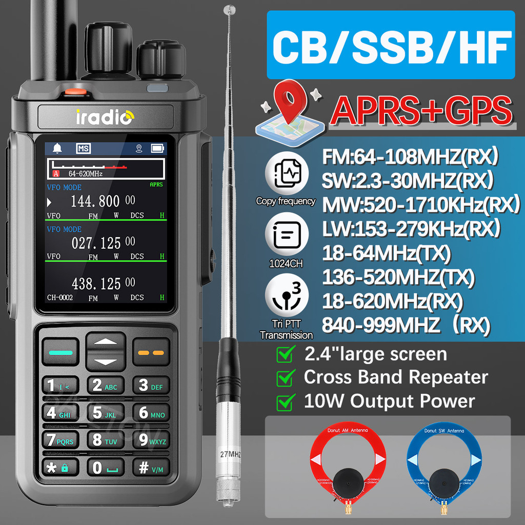 Iradio Uv-98 Plus Gps Aprs Ham Radio Multi Band 10W Am Fm Cb Ssb Hf Cross Band Repeater 2.4"Large