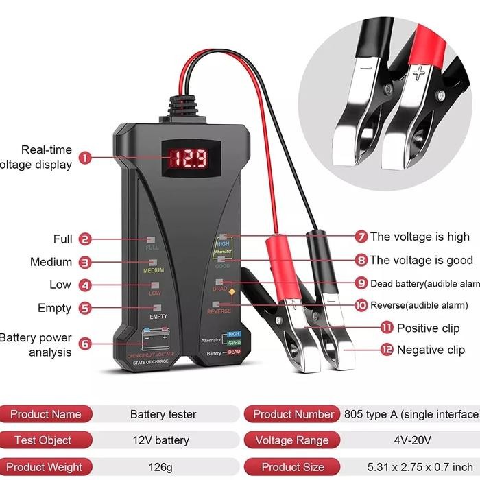 Tester Baterai Aki Mobil Motor / Tester Aki Digital 12V / Alat Tes Aki
