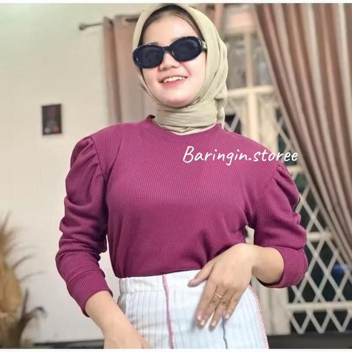 BEST SELLER blouse waffle puffy lengan balon wanita/ blouse korean kekinian
