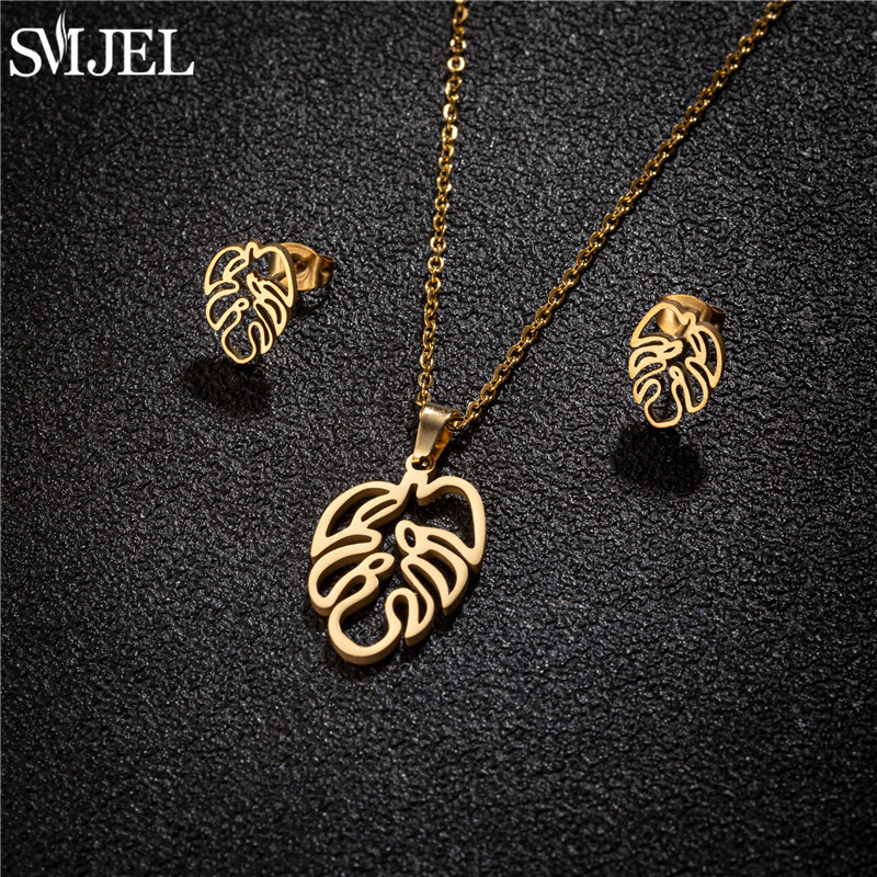 2024 Bohemia Monstera Leaf Necklace Earrings Stainless Steel Lotus Mandala Snowflake Charms Gold