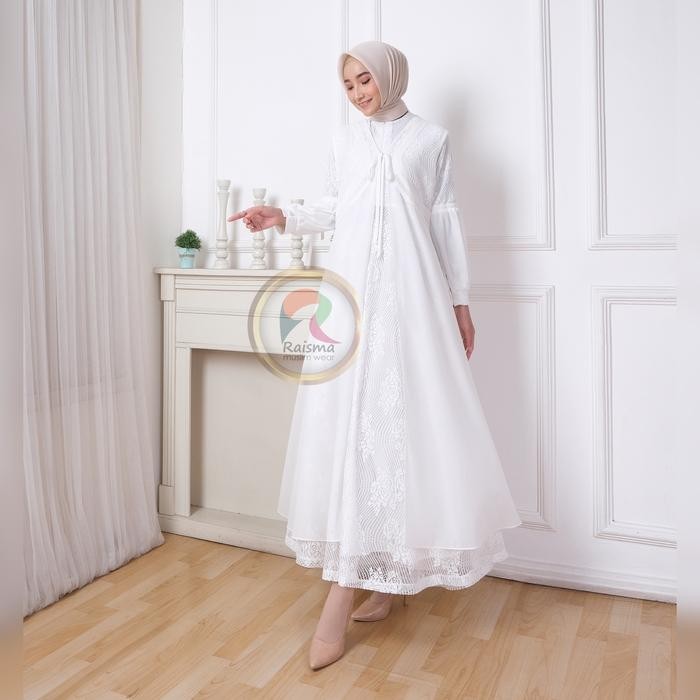 Raisma - Laila Gamis Syar'i Wanita Putih Tulang Lebaran Cantik Dan Elegan Whit Outwear Brokat Ceruti