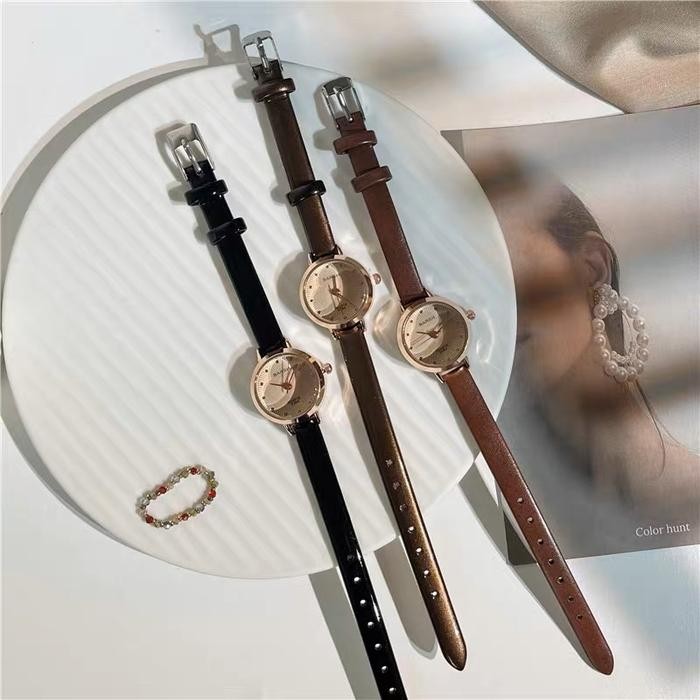 Jam Tangan Wanita Barsh Terbaru Analog Ulzzang Korea Elegant Watches Tali Kulit Kilat Bentuk Bulat