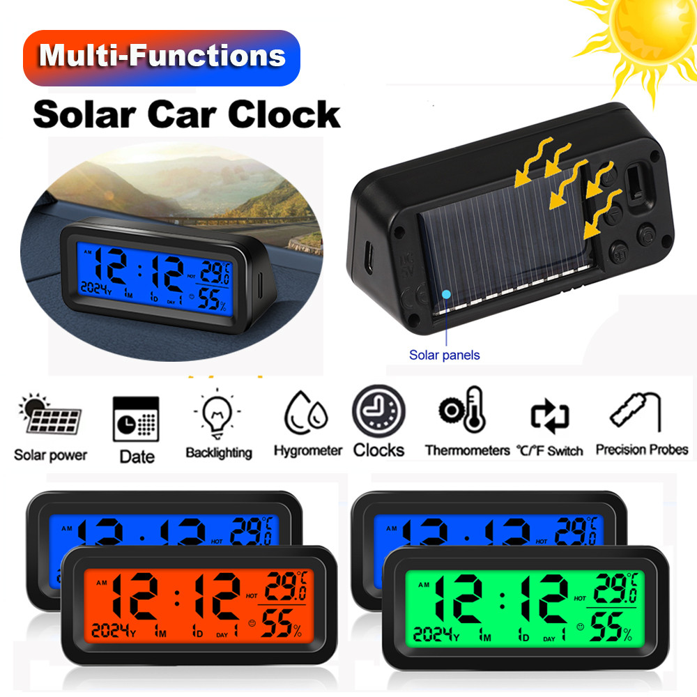 Solar Car Digital Clock Date Week Temperature Humidity Lcd Backlit Display For Dashboard Car Clock