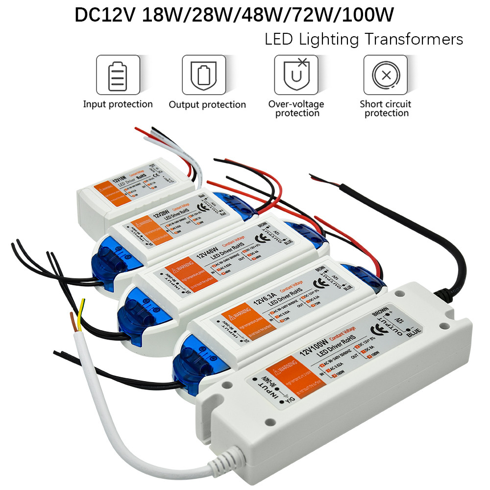 BARU  12 Volt Power Supply 12V LED Driver 18W 28W 48W 72W 100W AC 110V 220V to 12V DC Lighting Trans