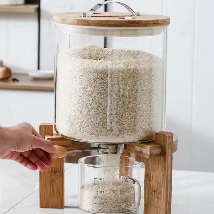 PREMIUM Tempat Penyimpanan Beras Rice Dispenser Kaca Kayu Wooden Glass Rice 5L
