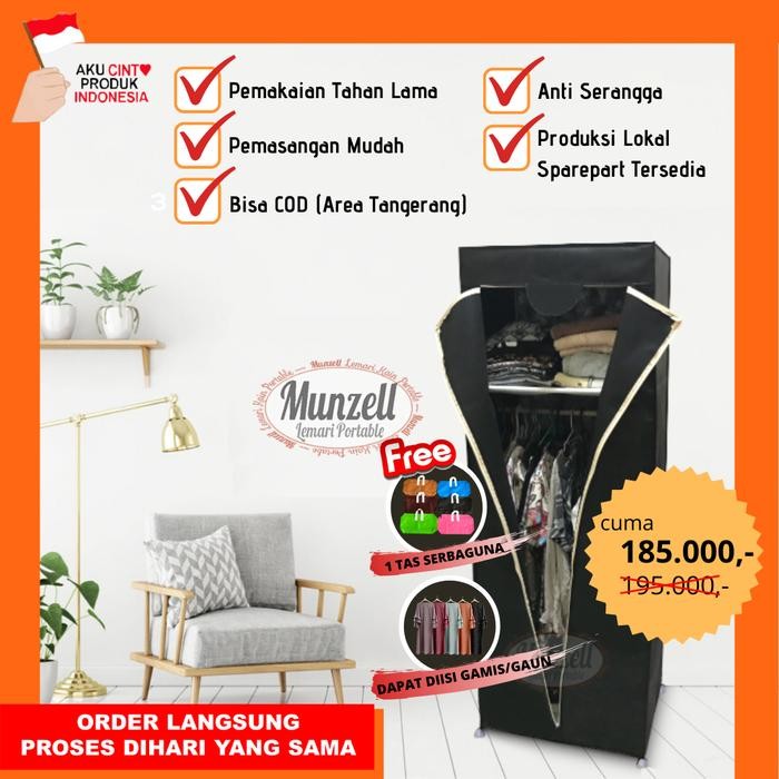 Lemari Baju/Pakaian Munzell Lpf-02 Black. Lemari Gantung +2 Sekat