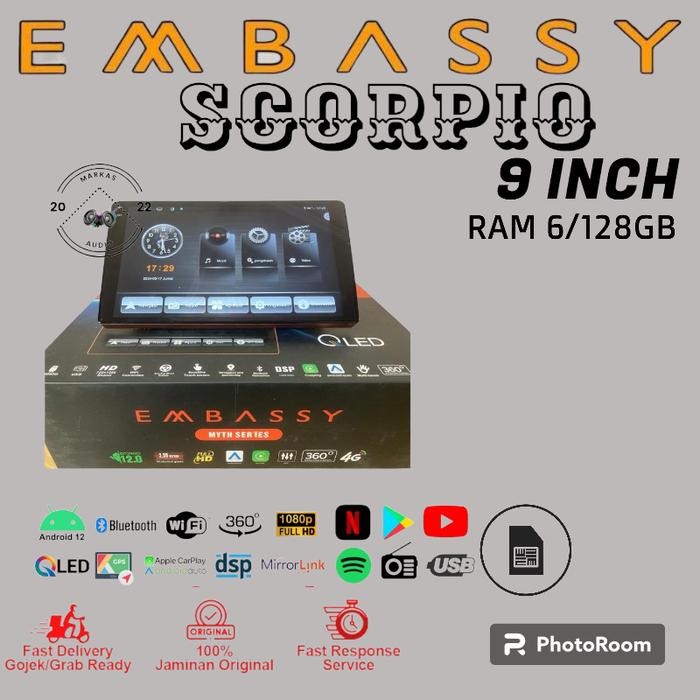 Terbaru Headunit Android Mobil 9 Inch Embassy Scorpio Ram 6/128Gb Qled 4G Myth Series Ready