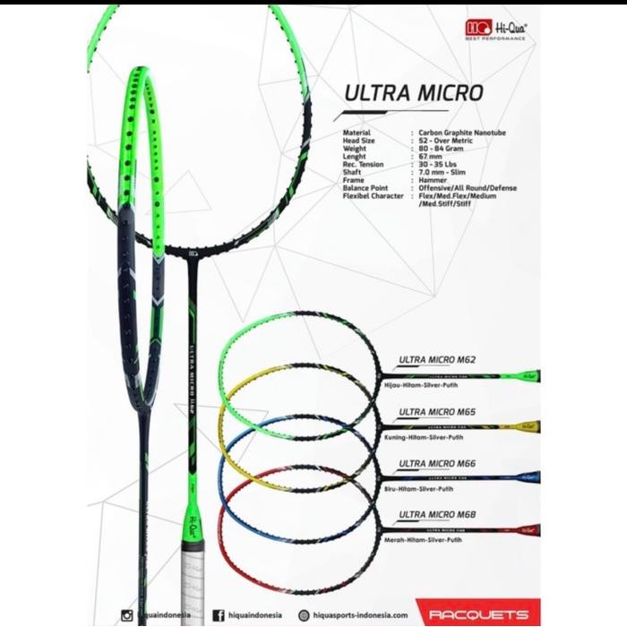 Raket Badminton Hiqua Hq Ultra Micro M62/M65/M66/M68 Kuat 32 Lbs Ori Gratisongkir