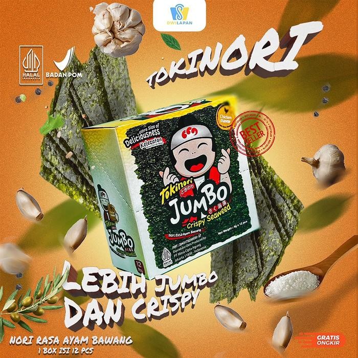

Ger Snack Nori Korea Tokinori Jumbo Kemasan 1 Karton isi 60 pcs Crispy Halal dan BPOM Rasa Original,