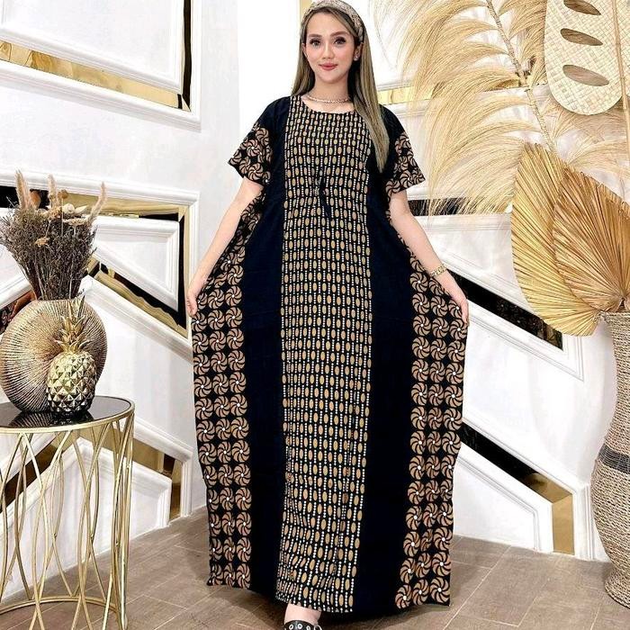 Daster Lowo Serut Jumbo LD 150 Dress Rayon Motif Polkadot Hitam Warna Kelelawar Bahan Katun Musim